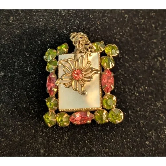 Vintage Pink Green Rhinestone Brooch Pendant Filigree Flower Mother of Pearl - Picture 12 of 14
